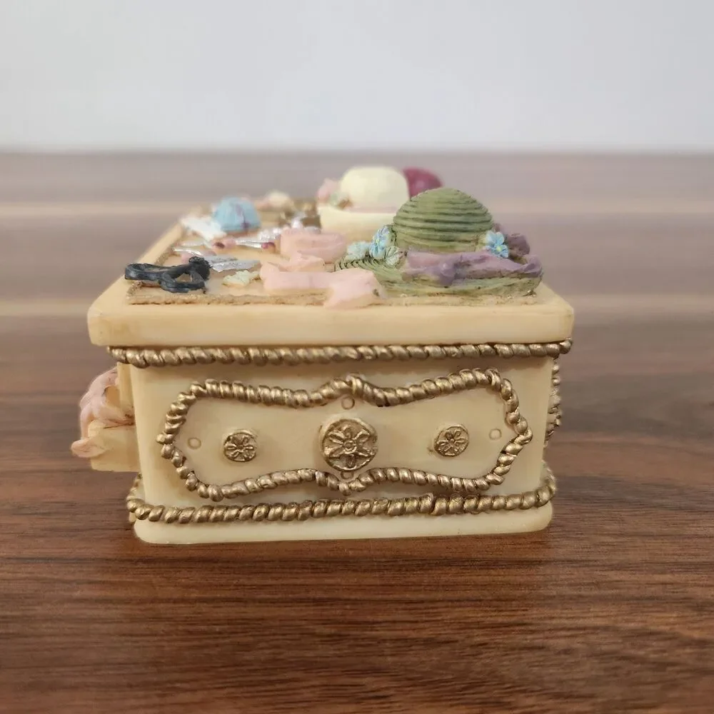 Dezine Vintage 1995 Hand Painted 3D Embossed Trinket Box Victorian Ribbons Hats